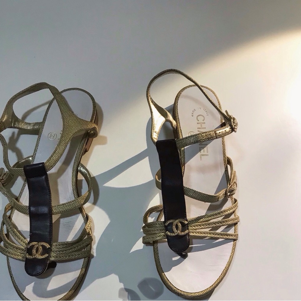 Chanel Gold and Black Strappy Sandals